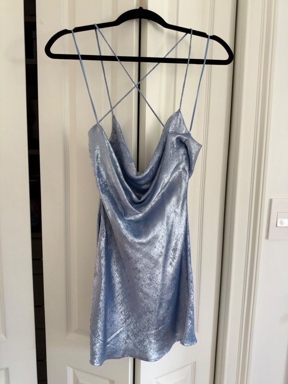Zara Blue Metallic Crinkle Cowl Neck Slip Mini Dress XS